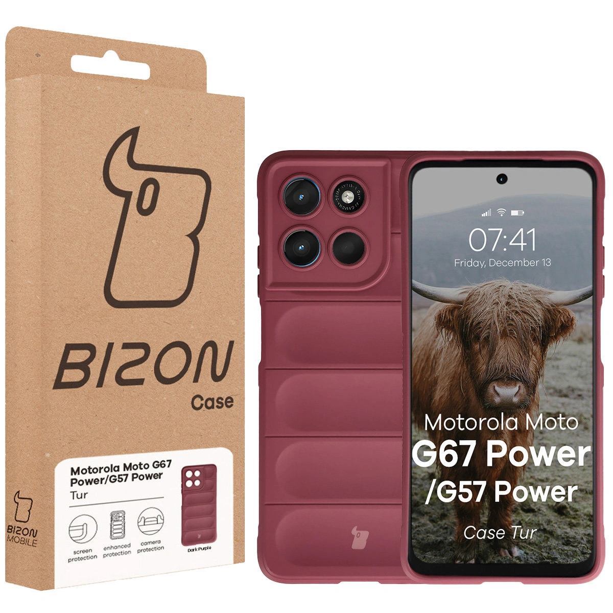 Front of the Bison Case box with a dedicated label for Motorola Moto G57 Power / Motorola Moto G67 Power