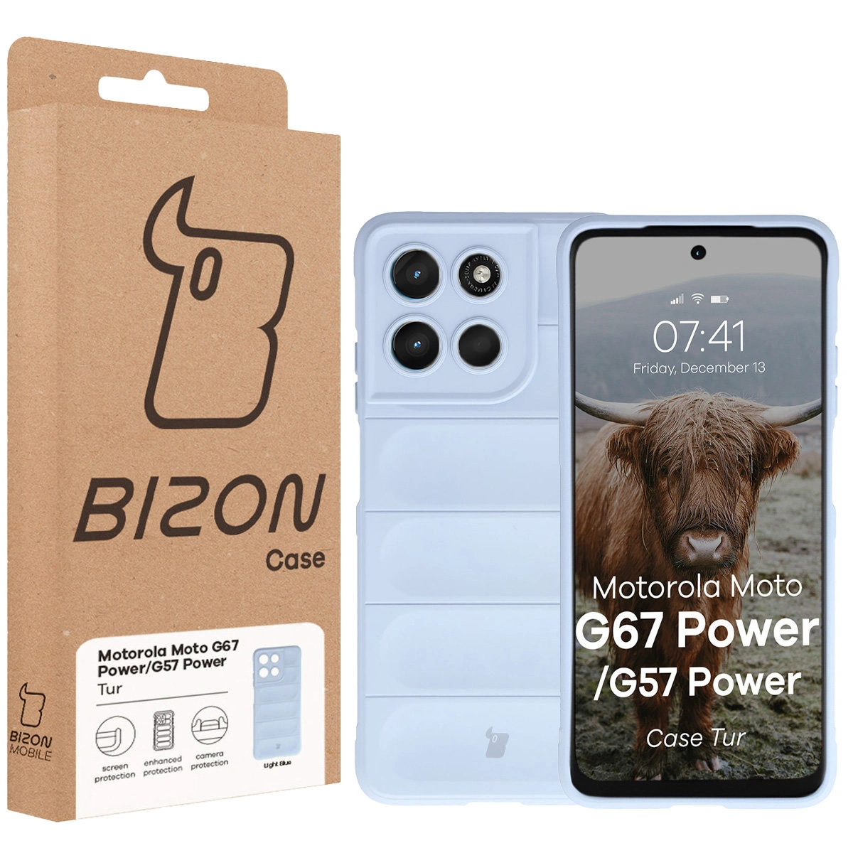 Front of the Bison Case box with a dedicated label for Motorola Moto G57 Power / Motorola Moto G67 Power