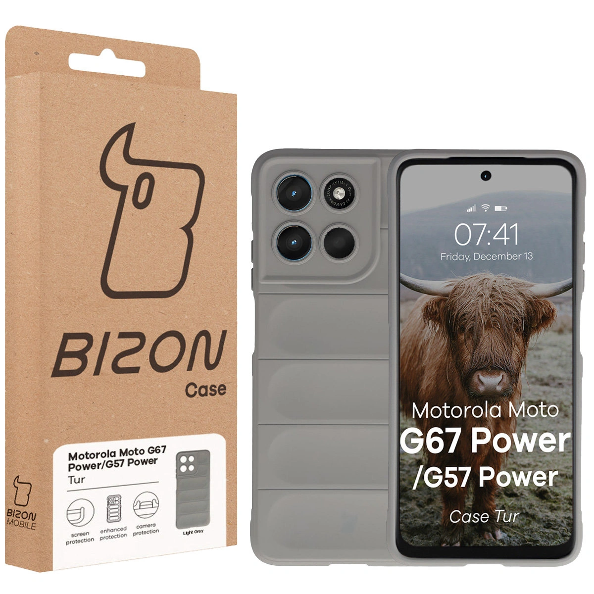 Front of the Bison Case box with a dedicated label for Motorola Moto G57 Power / Motorola Moto G67 Power