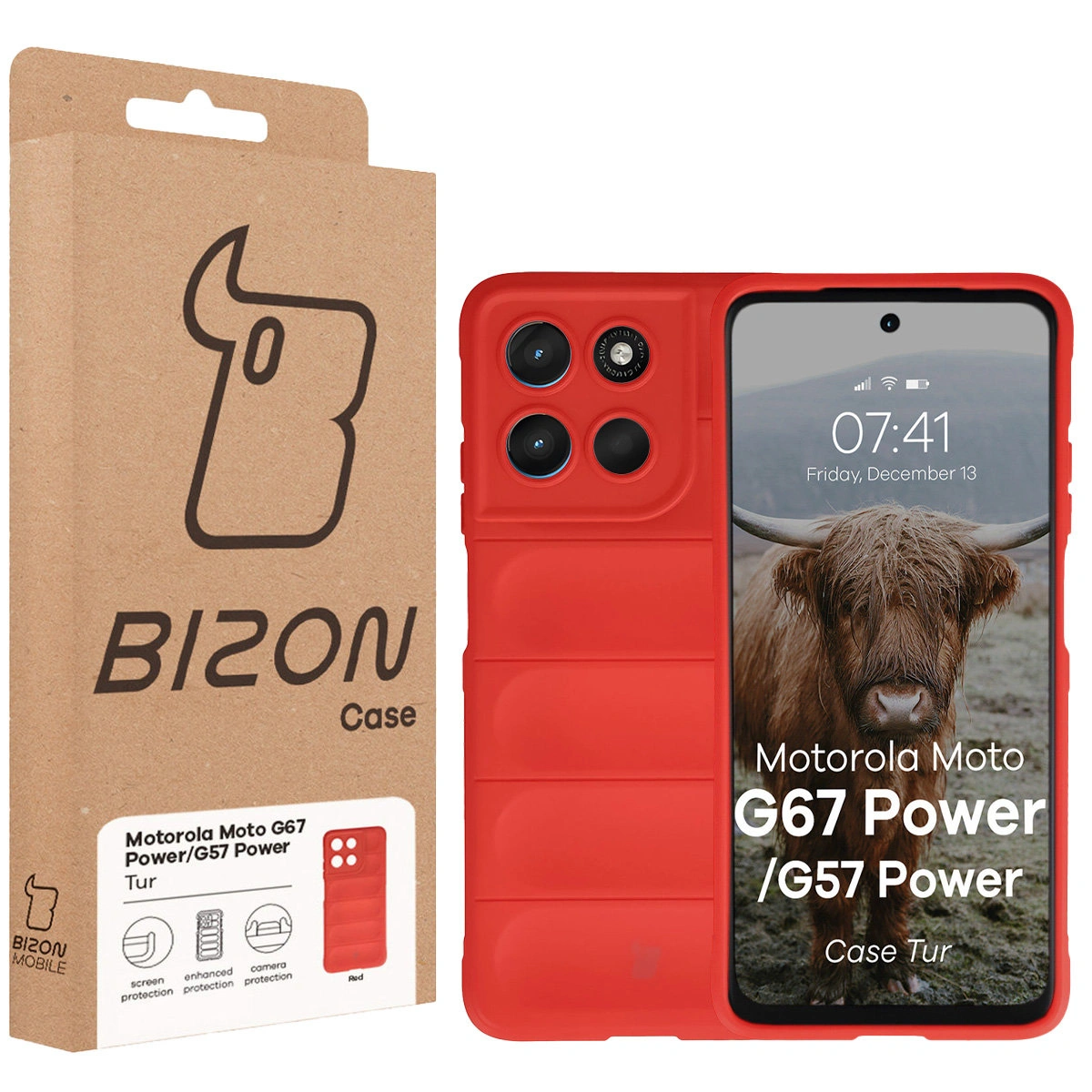 Front of the Bison Case box with a dedicated label for Motorola Moto G57 Power / Motorola Moto G67 Power