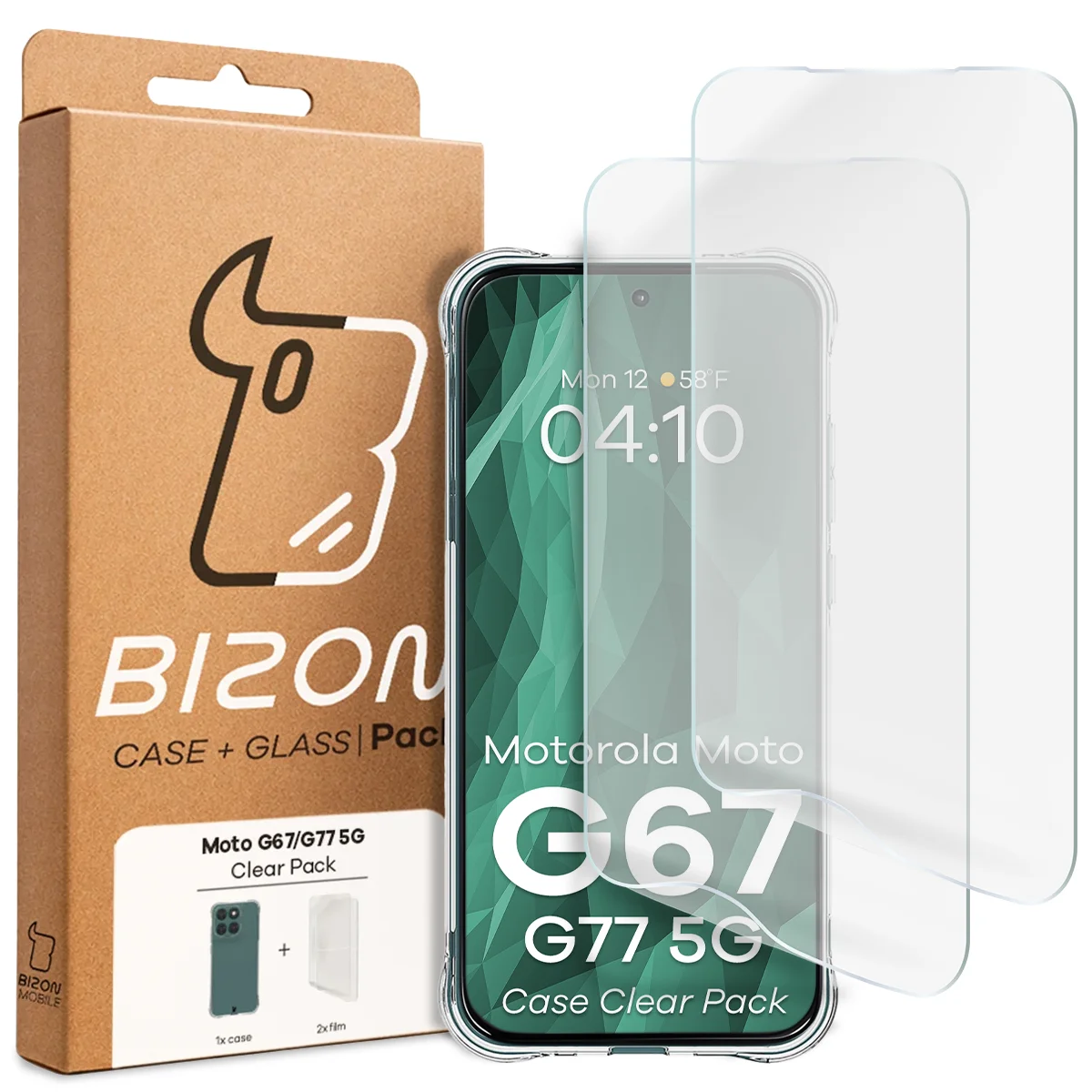 Front of the Bizon Case+Glass box with a dedicated label for Motorola Moto G67 5G / G77 5G