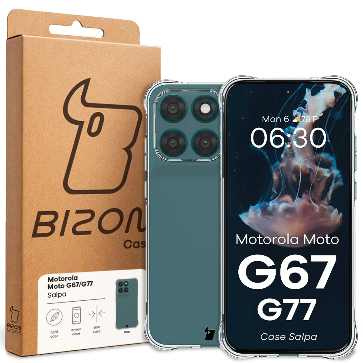 Front of the Bizon Case box with a dedicated label for Motorola Moto G67 5G / G77 5G