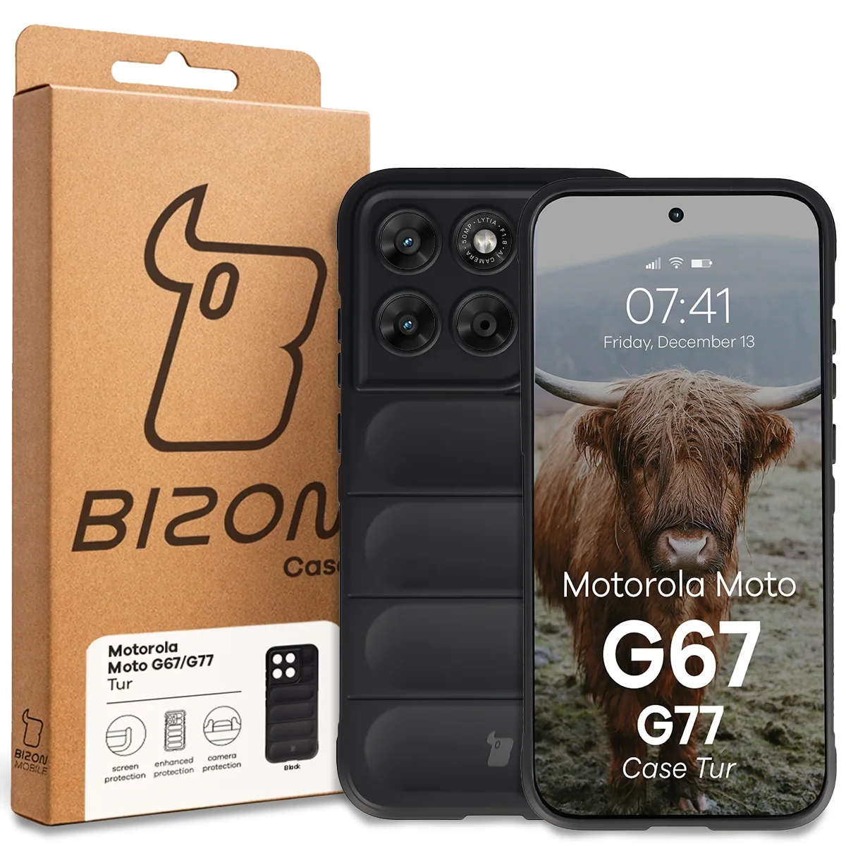 Front of the Bizon Case box with a dedicated label for Motorola Moto G67 5G / G77 5G