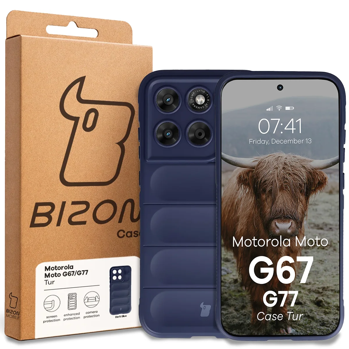 Front of the Bizon Case box with a dedicated label for Motorola Moto G67 5G / G77 5G