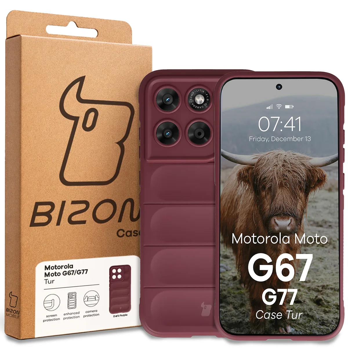 Front of the Bison Case box with a dedicated label for Motorola Moto G67 5G / G77 5G