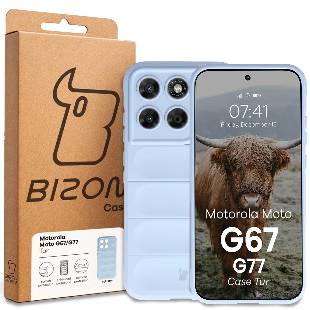 Front of the Bison Case box with a dedicated label for Motorola Moto G67 5G / G77 5G