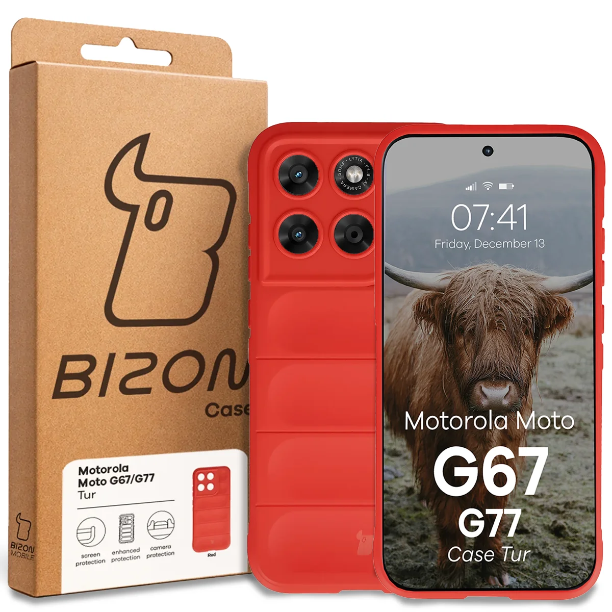 Front of the Bizon Case box with a dedicated label for Motorola Moto G67 5G / G77 5G