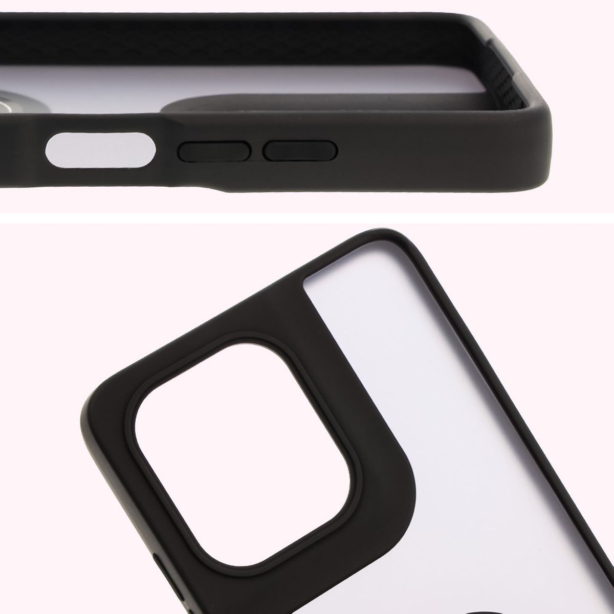 Zbliżenie na podwyższone krawędzie przy wyświetlaczu i wyspie aparatu w etui Bizon Hybrid Ring