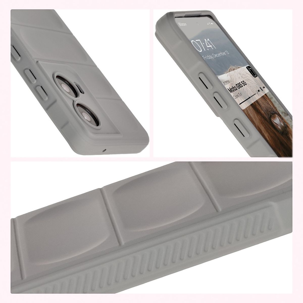 Strukturierte Seiten und erhöhte Ränder für Bildschirm und Kamera im Bizon Case Tur Etui