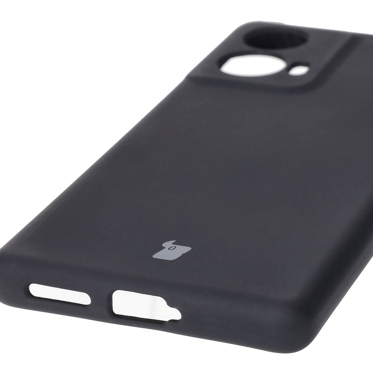 Close-up of precise cutouts and wireless charging capability in Bizon Soft Case