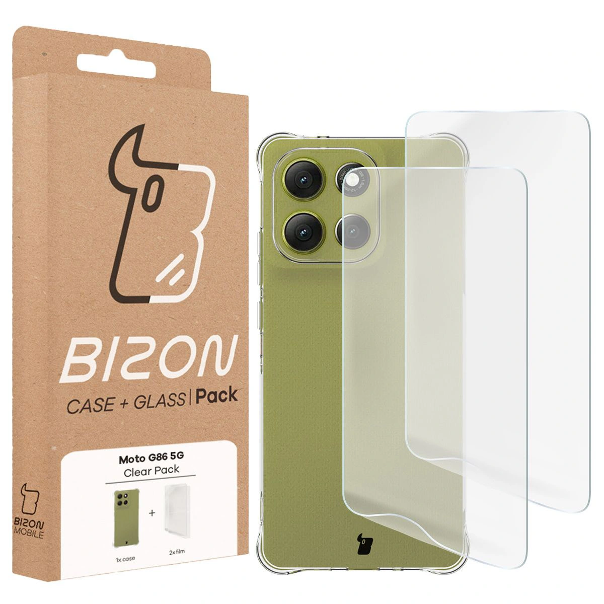Przód pudełka Bizon Case+Glass z dedykowaną etykietą do Motorola Moto G86 5G