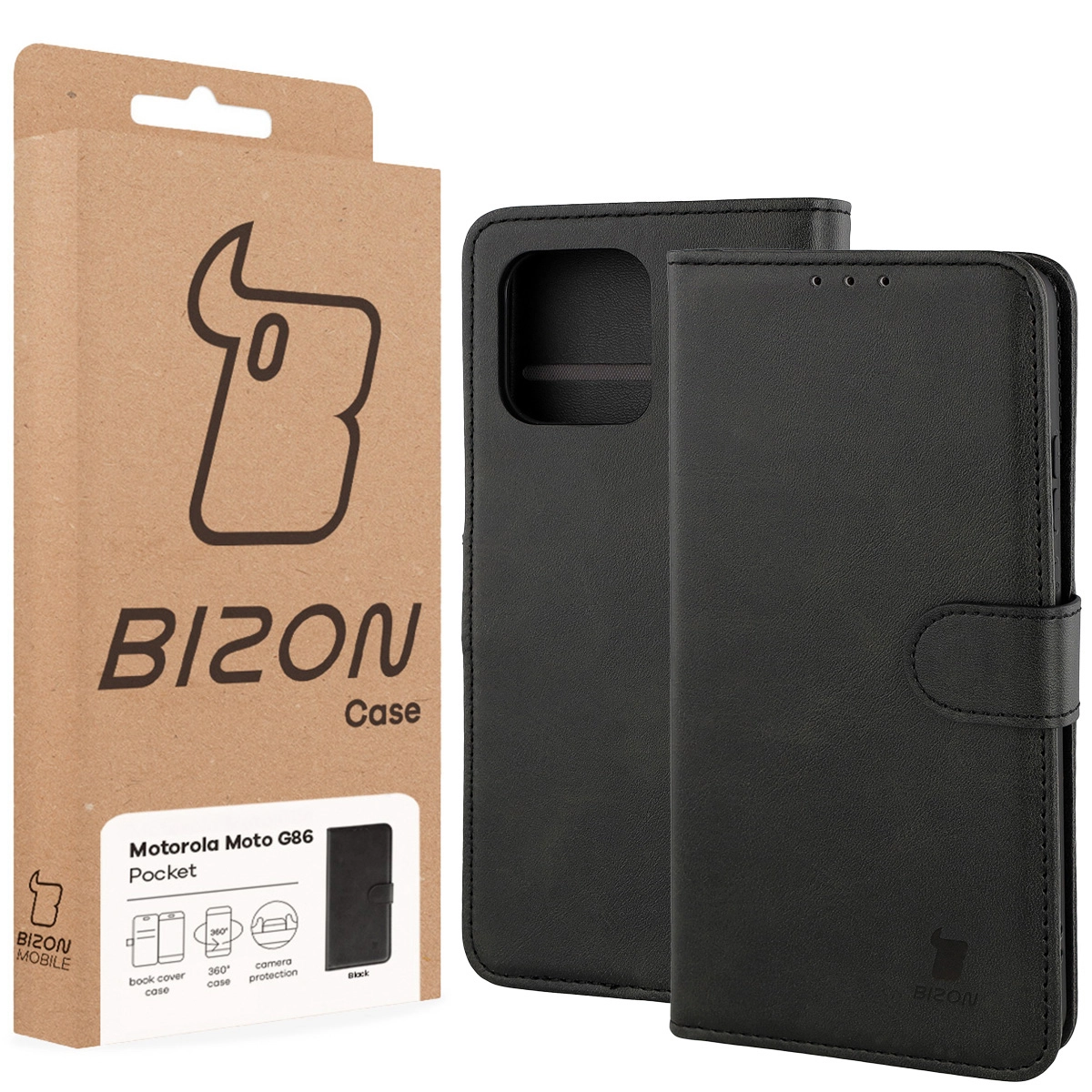 Vorderansicht der Bizon Case Box mit spezieller Etikette für Motorola Moto G86 5G / Motorola Moto G86 Power 5G