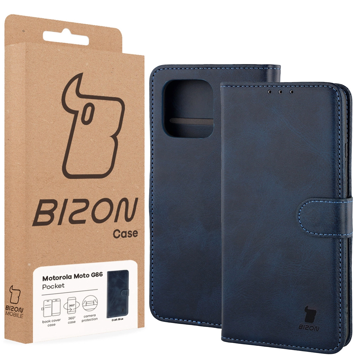 Vorderseite der Bison Case Box mit dediziertem Etikett für Motorola Moto G86 5G / Motorola Moto G86 Power 5G