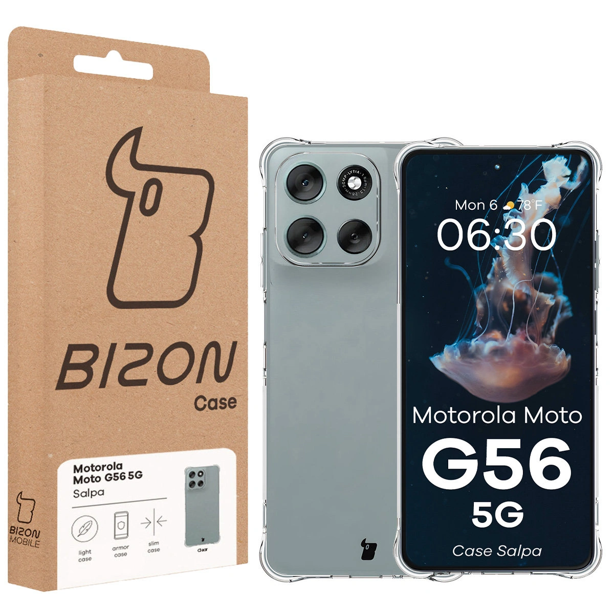 Przód pudełka Bizon Case z dedykowaną etykietą do Motorola Moto G56 5G