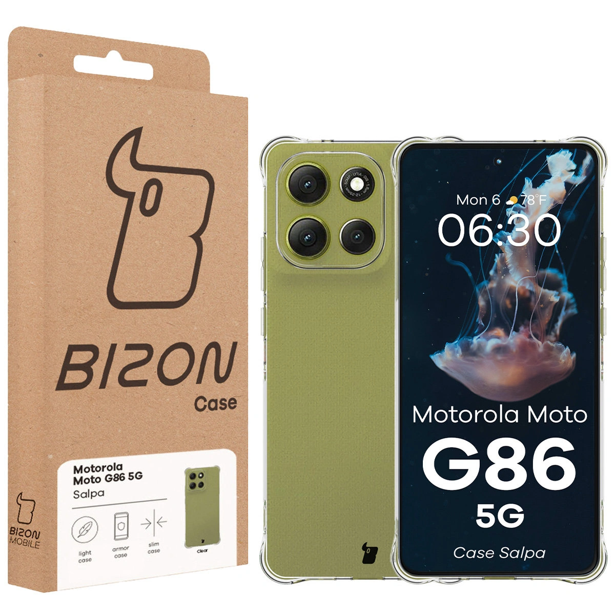Przód pudełka Bizon Case z dedykowaną etykietą do Motorola Moto G86 5G