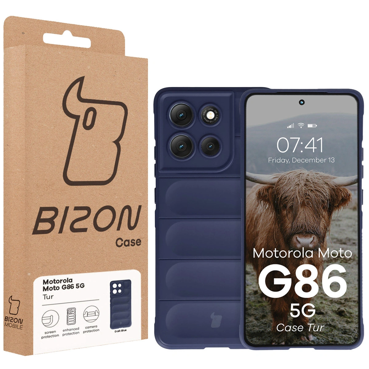 Przód pudełka Bizon Case z dedykowaną etykietą do Motorola Moto G86 5G