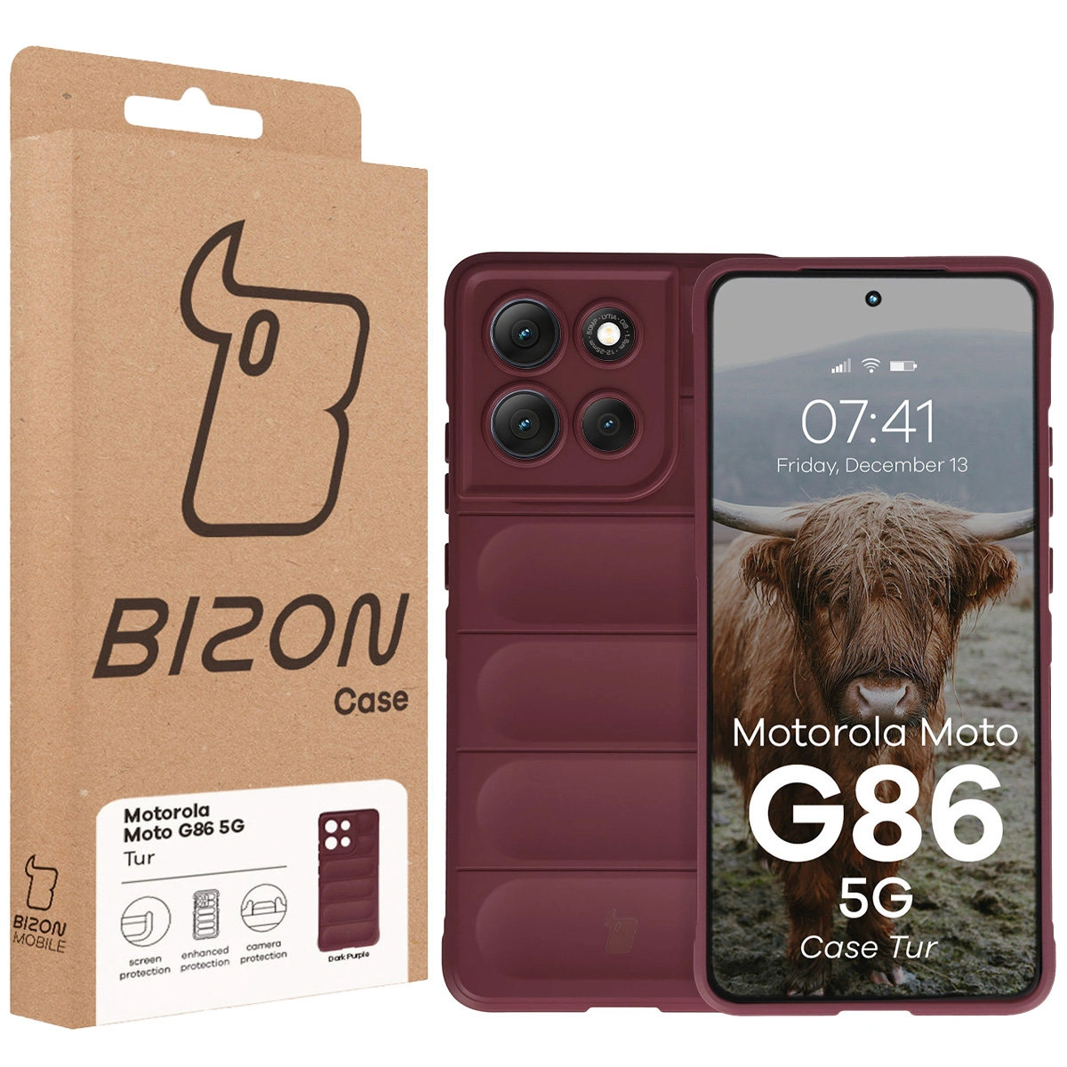 Przód pudełka Bizon Case z dedykowaną etykietą do Motorola Moto G86 5G