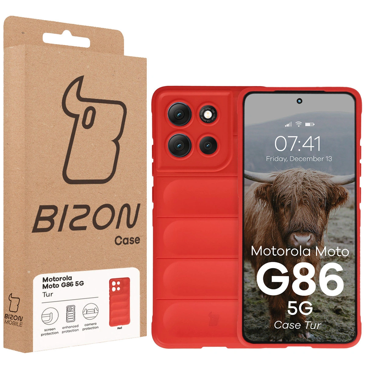 Przód pudełka Bizon Case z dedykowaną etykietą do Motorola Moto G86 5G