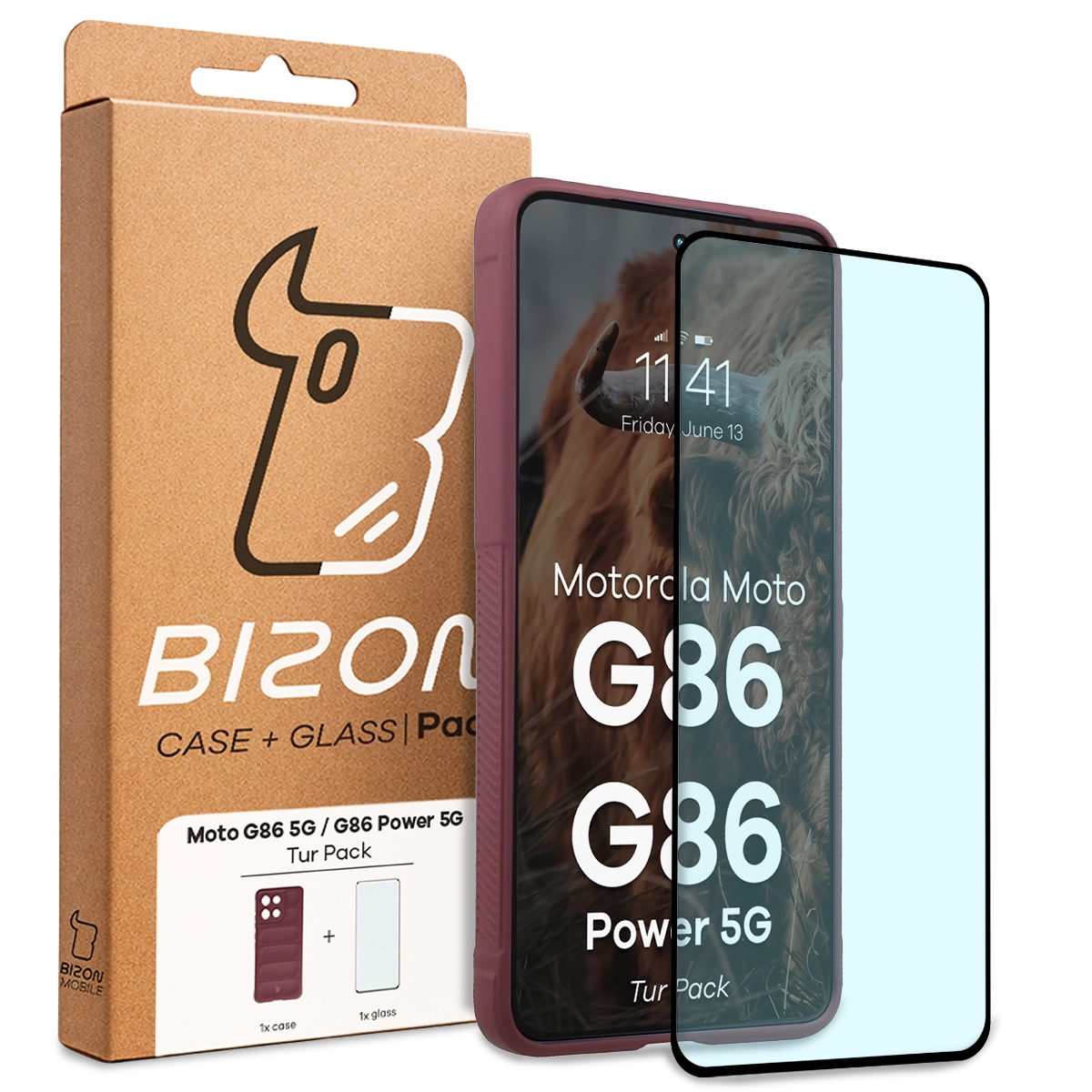 Front of the Bizon Tur Pack box with a dedicated label for Motorola Moto G86 5G / Motorola Moto G86 Power 5G