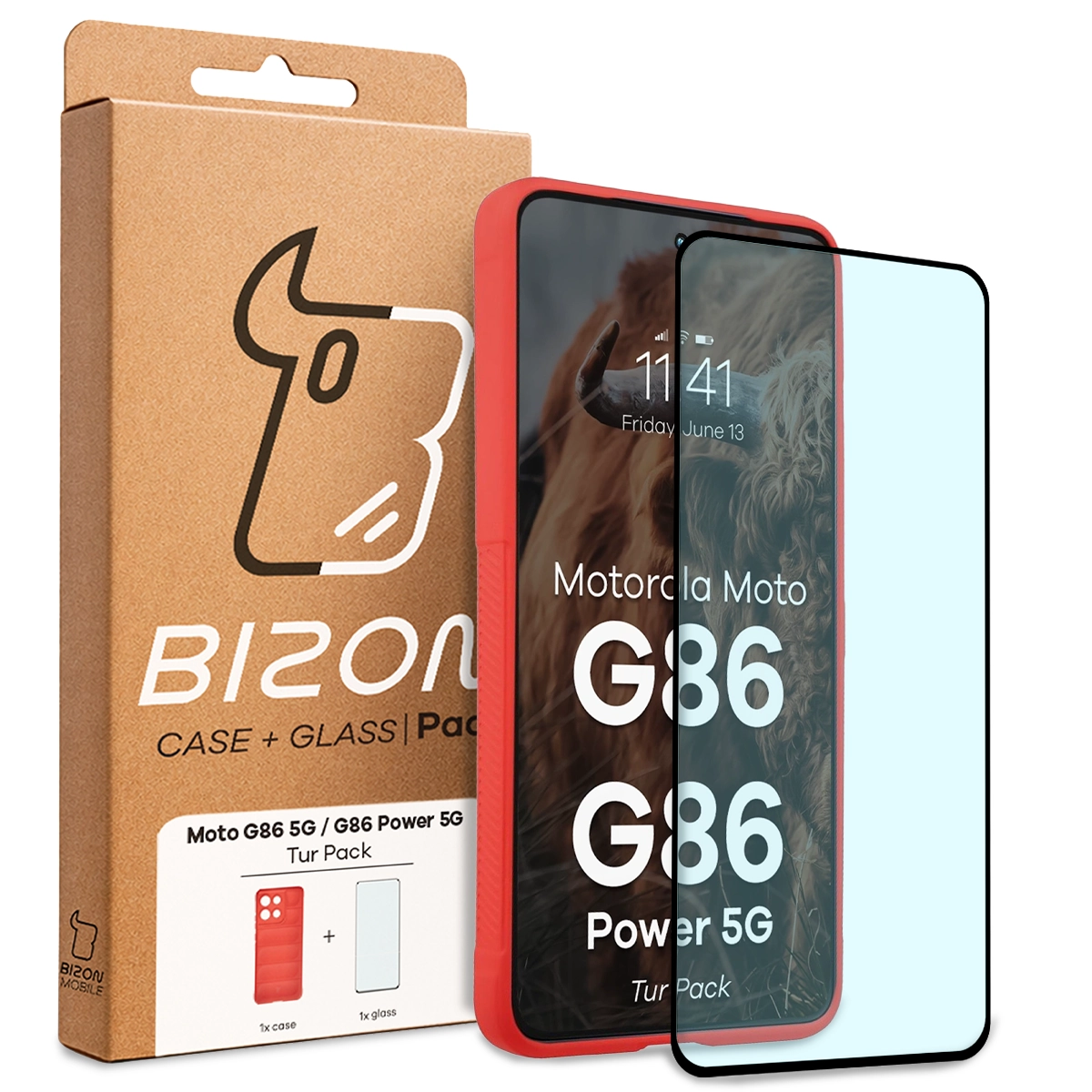 Przód pudełka Bizon Tur Pack z dedykowaną etykietą do Motorola Moto G86 5G / Motorola Moto G86 Power 5G