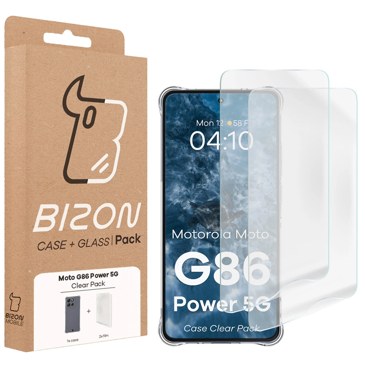 Front of the Bizon Case+Glass box with a dedicated label for Motorola Moto G86 Power 5G