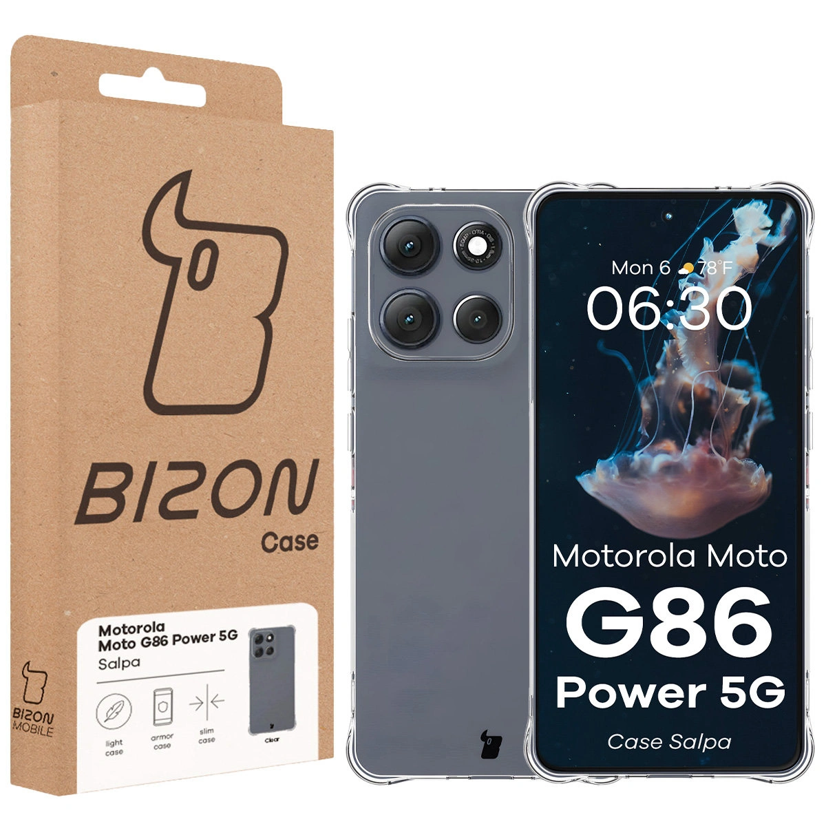 Przód pudełka Bizon Case z dedykowaną etykietą do Motorola Moto G86 Power 5G
