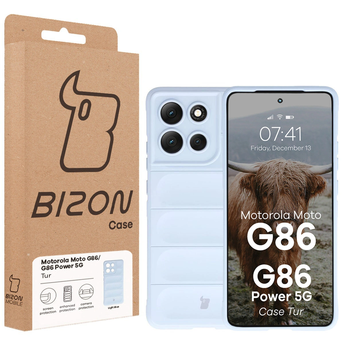 Przód pudełka Bizon Case z dedykowaną etykietą do Motorola Moto G86 Power 5G