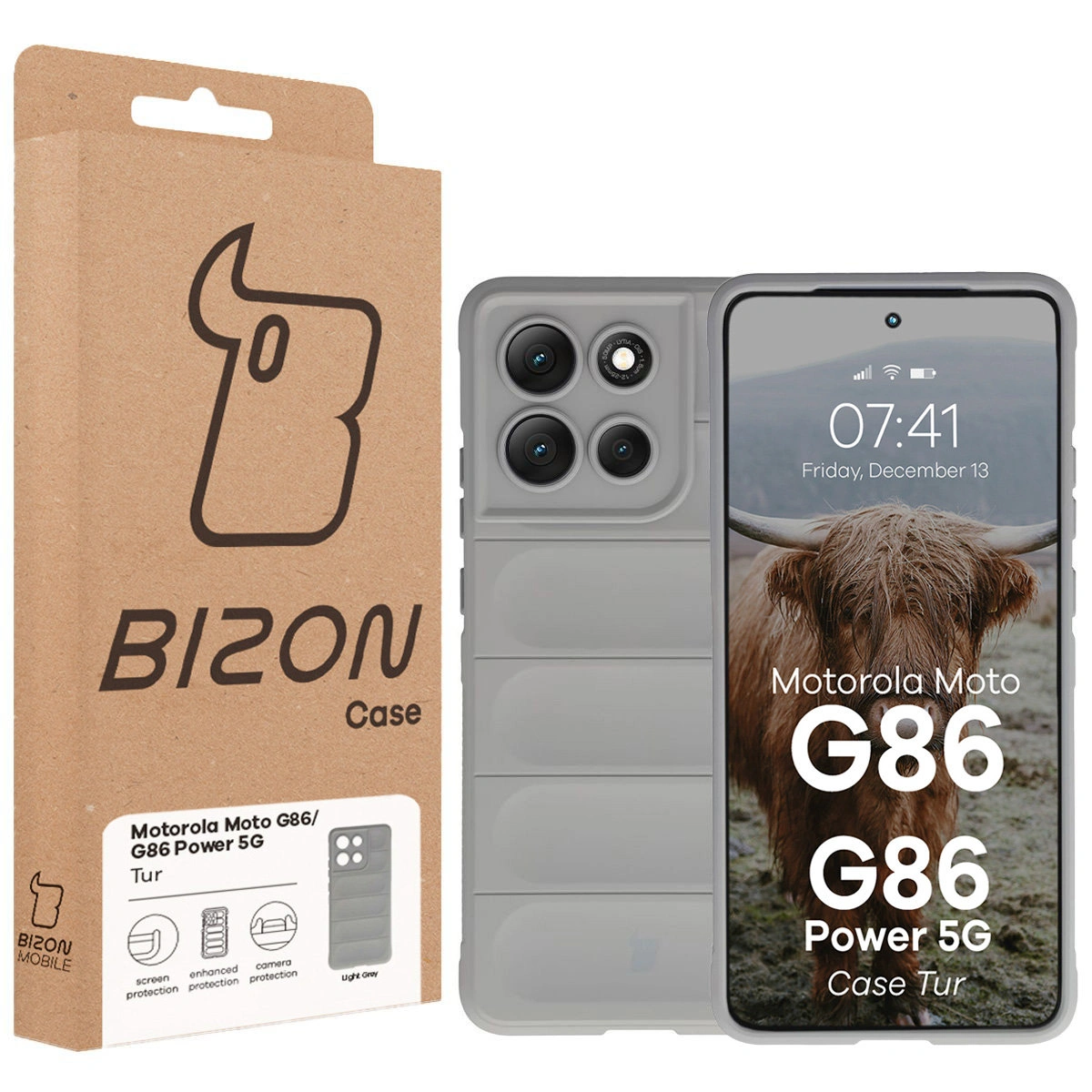 Przód pudełka Bizon Case z dedykowaną etykietą do Motorola Moto G86 Power 5G