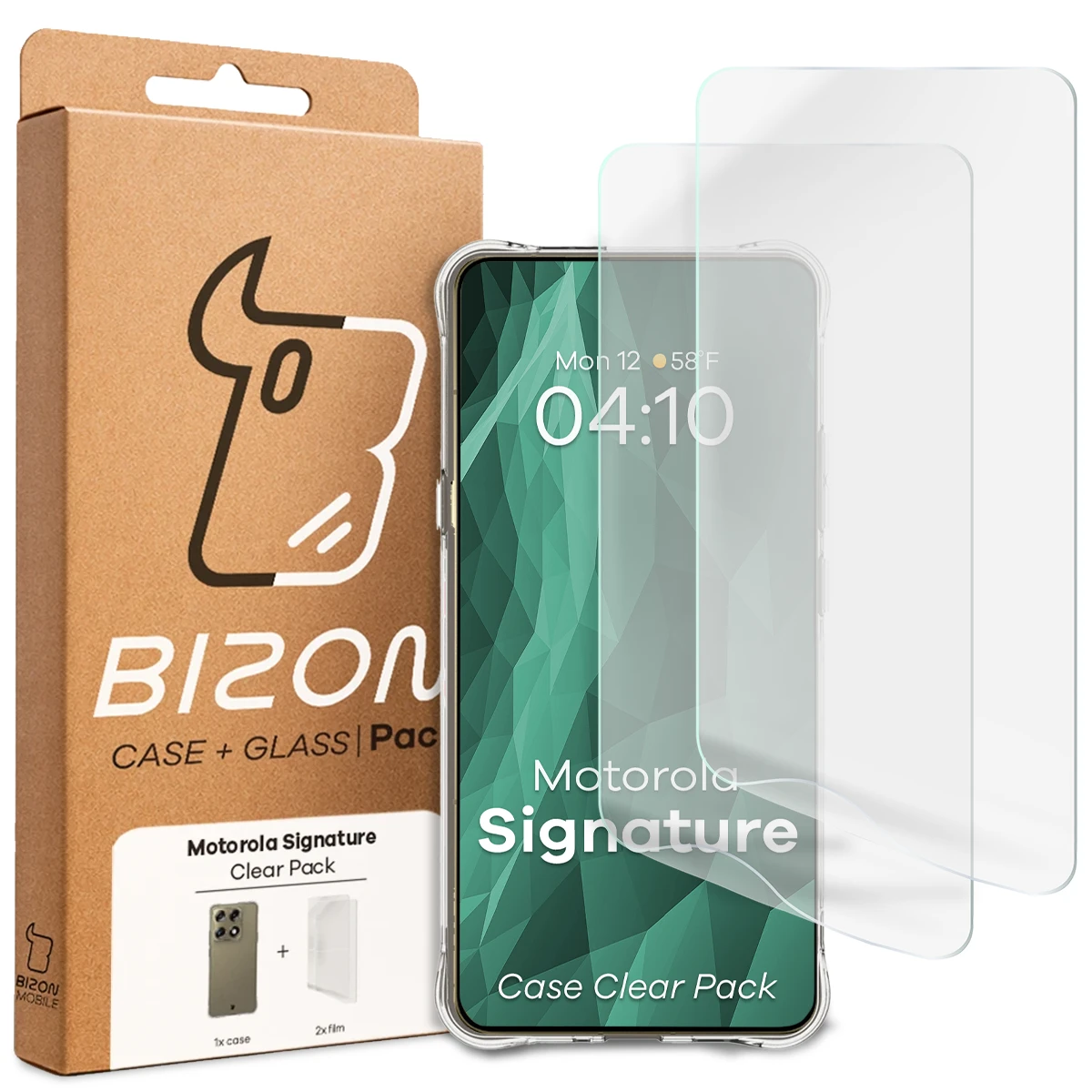 Front of the Bison Case+Glass box with a dedicated label for Motorola Signature