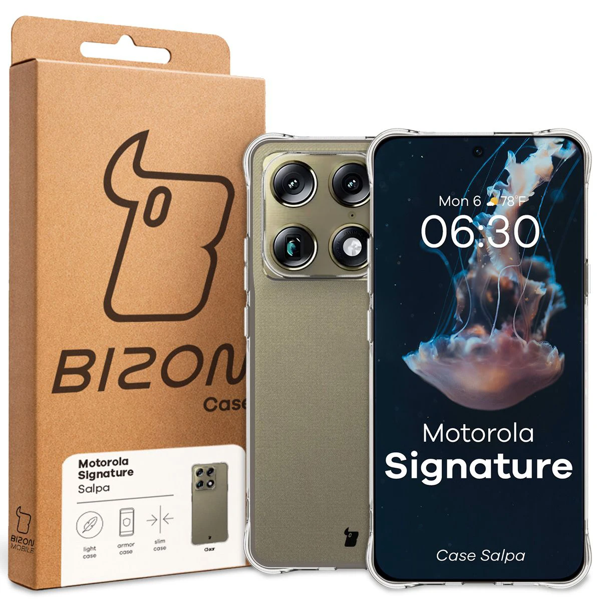 Front of the Bizon Case box with a dedicated label for Motorola Signature