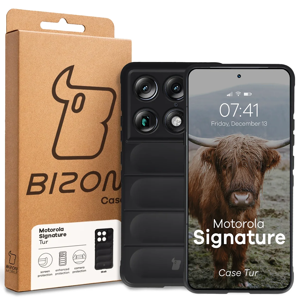 Przód pudełka Bizon Case z dedykowaną etykietą do Motorola Signature