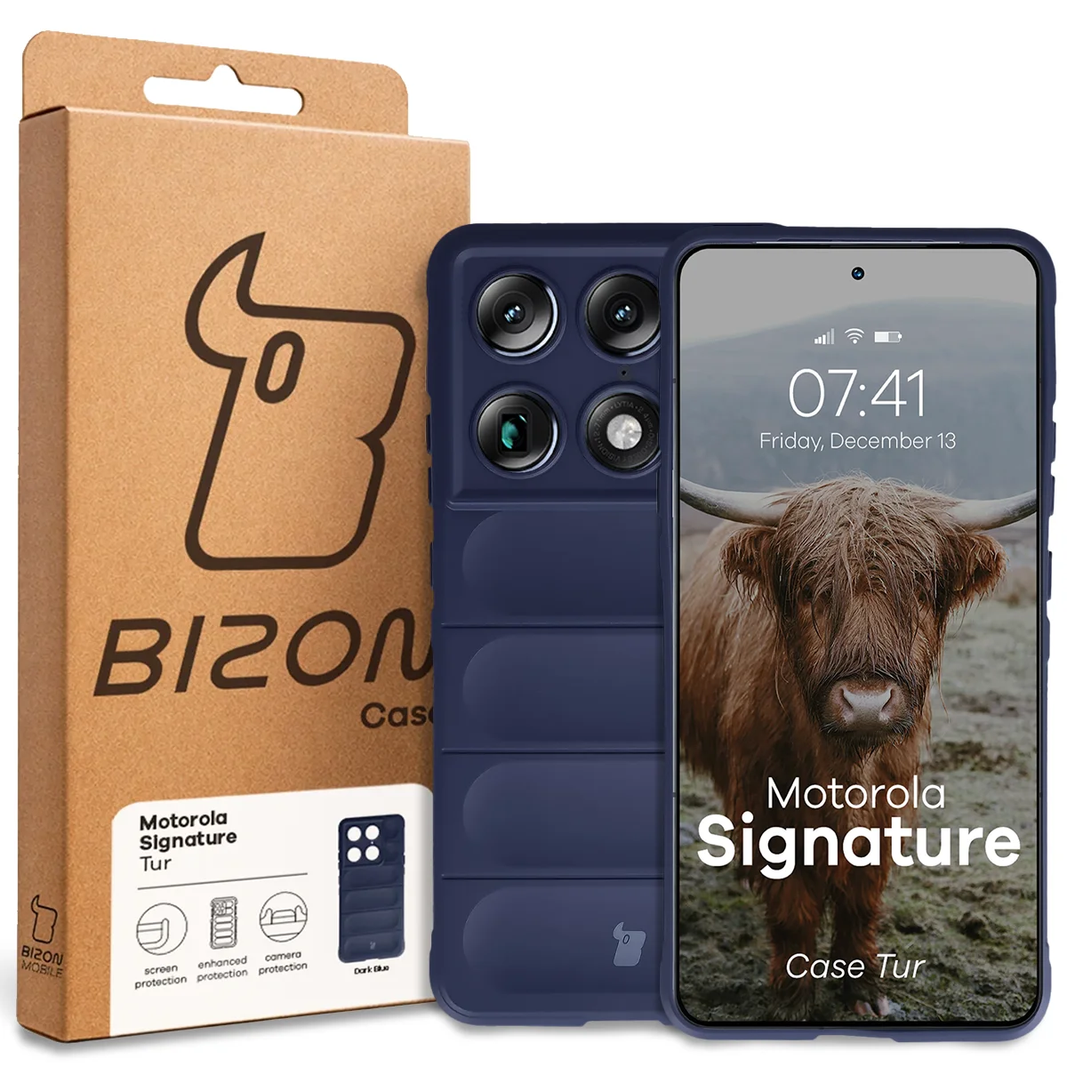 Przód pudełka Bizon Case z dedykowaną etykietą do Motorola Signature