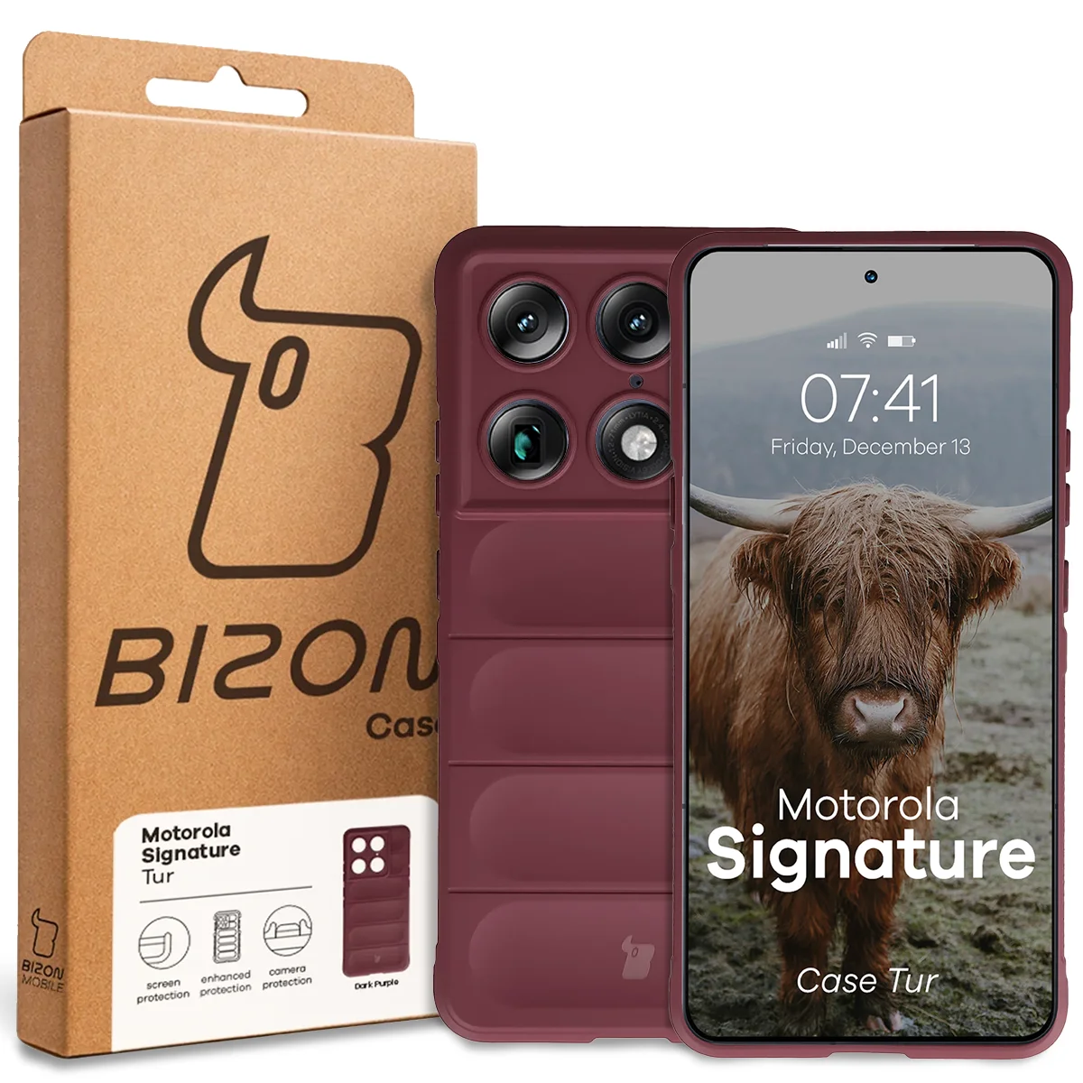 Przód pudełka Bizon Case z dedykowaną etykietą do Motorola Signature