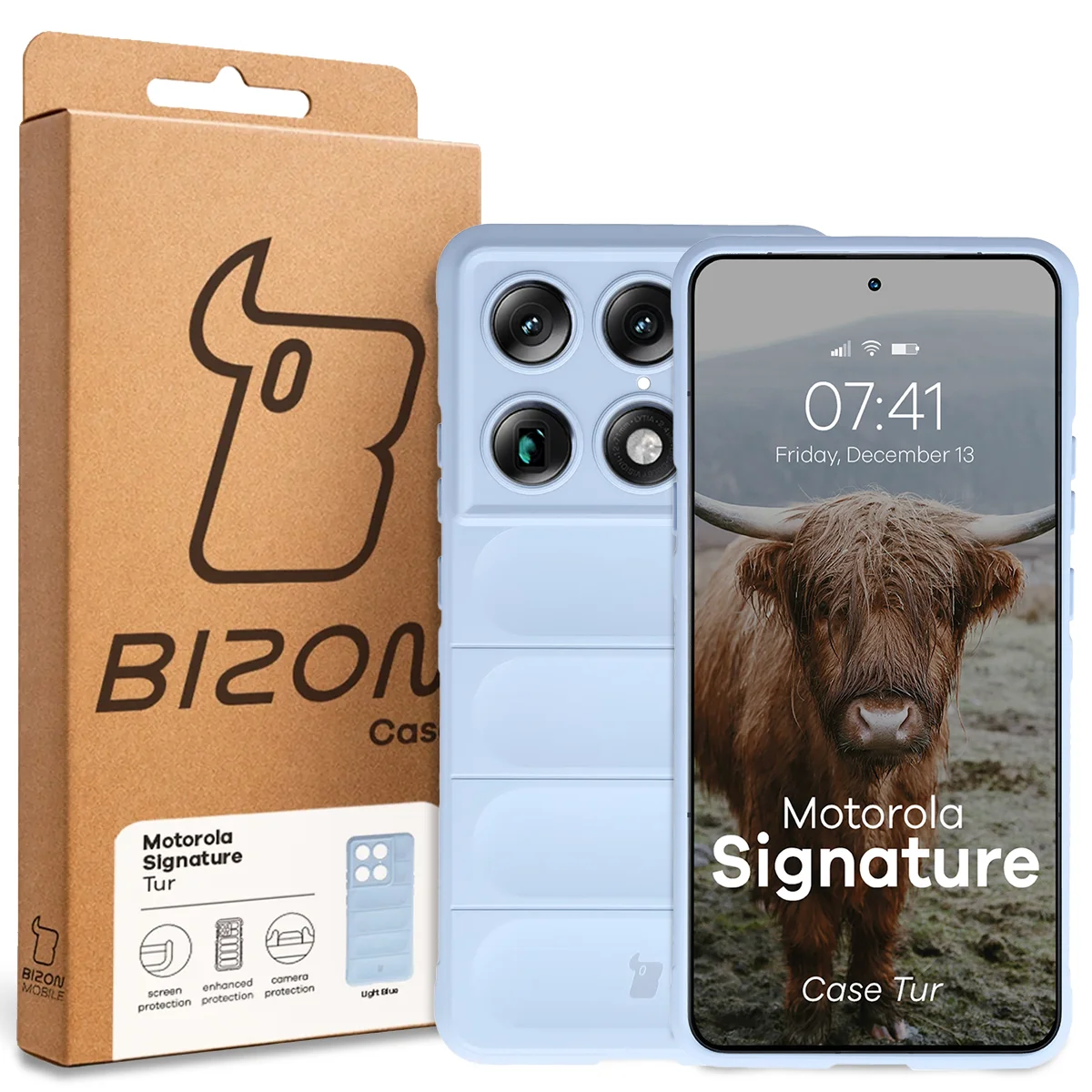 Przód pudełka Bizon Case z dedykowaną etykietą do Motorola Signature