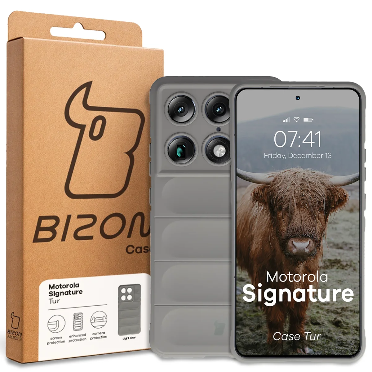 Przód pudełka Bizon Case z dedykowaną etykietą do Motorola Signature