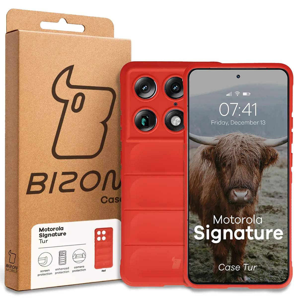 Przód pudełka Bizon Case z dedykowaną etykietą do Motorola Signature