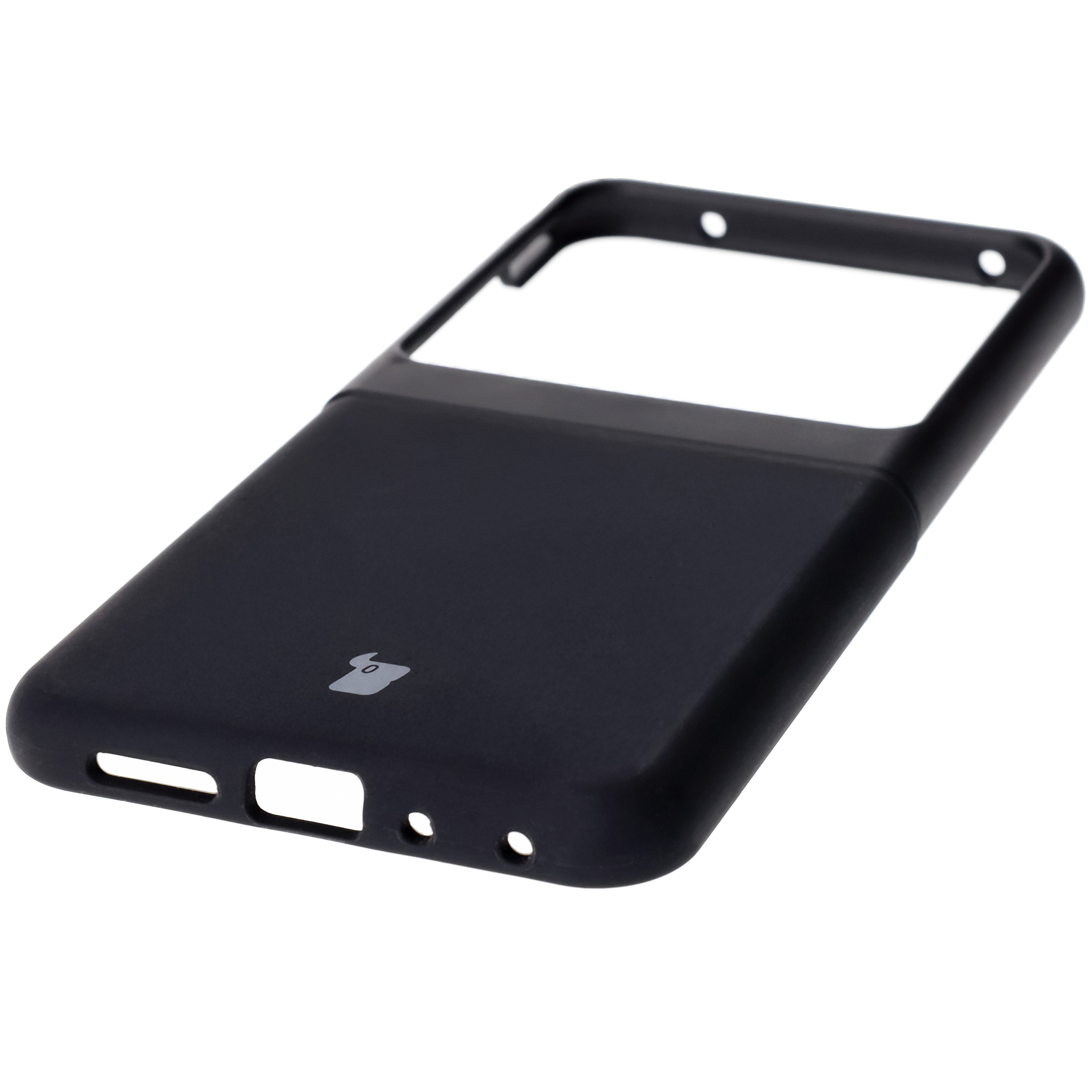 Close-up of precise cutouts and wireless charging capability in the Bizon Soft Case