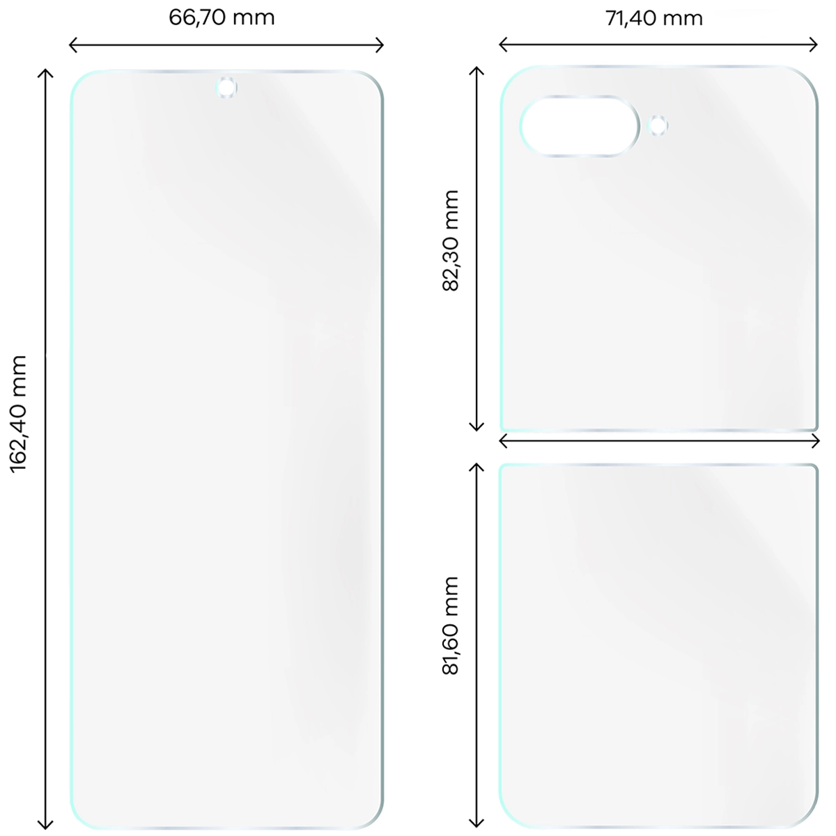 Dimensions for hydrogel film for the back, smaller and larger display of the Bizon Glass Hydrogel Set for Motorola Razr 60 Ultra