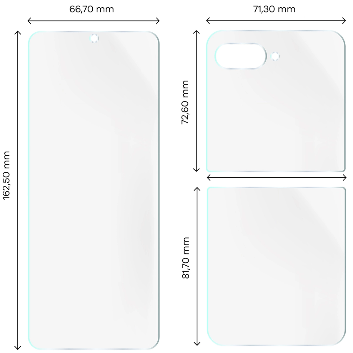 Wymiary dla folii hydrożelowej na plecki, mniejszy oraz większy wyświetlacz telefonu Bizon Glass Hydrogel Set do Motorola Razr 60