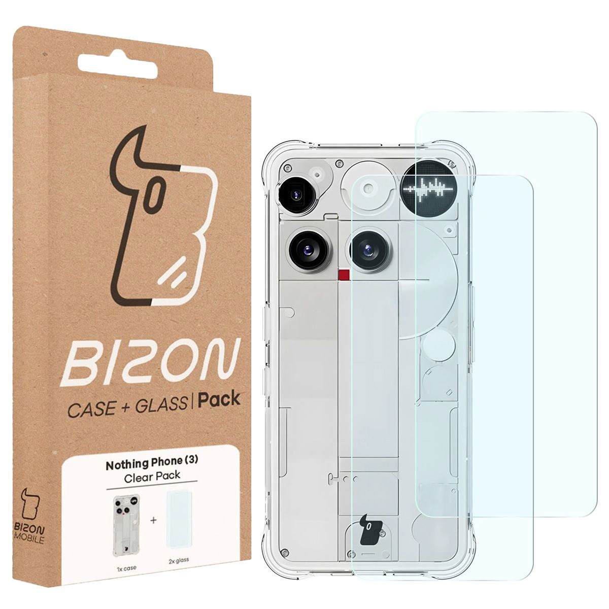 Przód pudełka Bizon Case+Glass z dedykowaną etykietą do Nothing Phone (3)