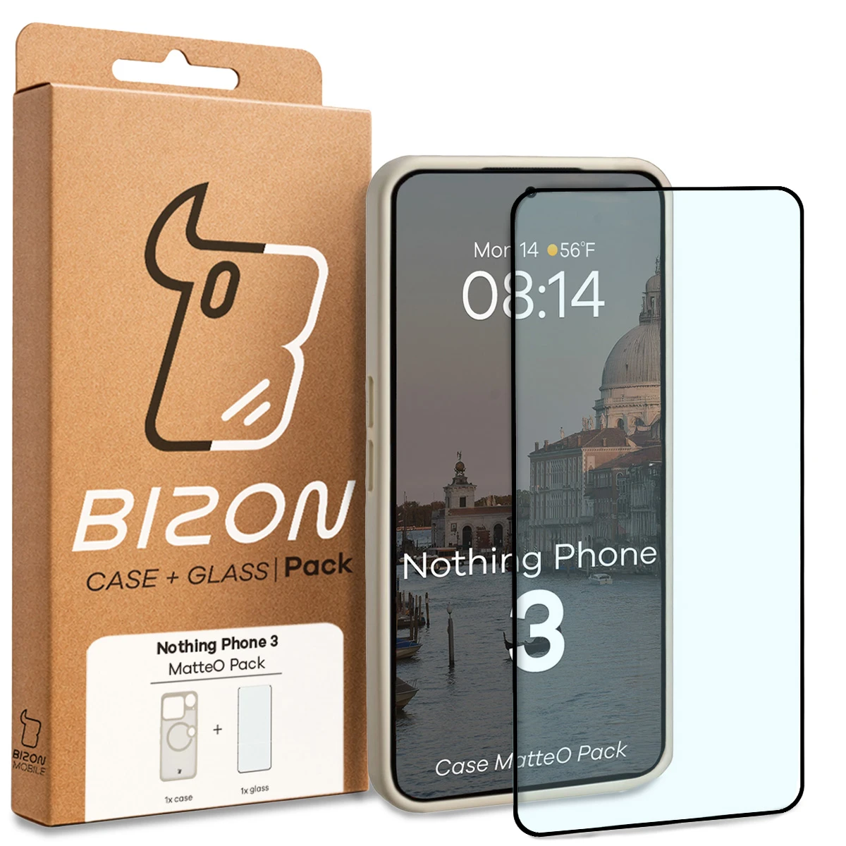 Przód pudełka Bizon Case Matteo Pack z dedykowaną etykietą do Nothing Phone (3)