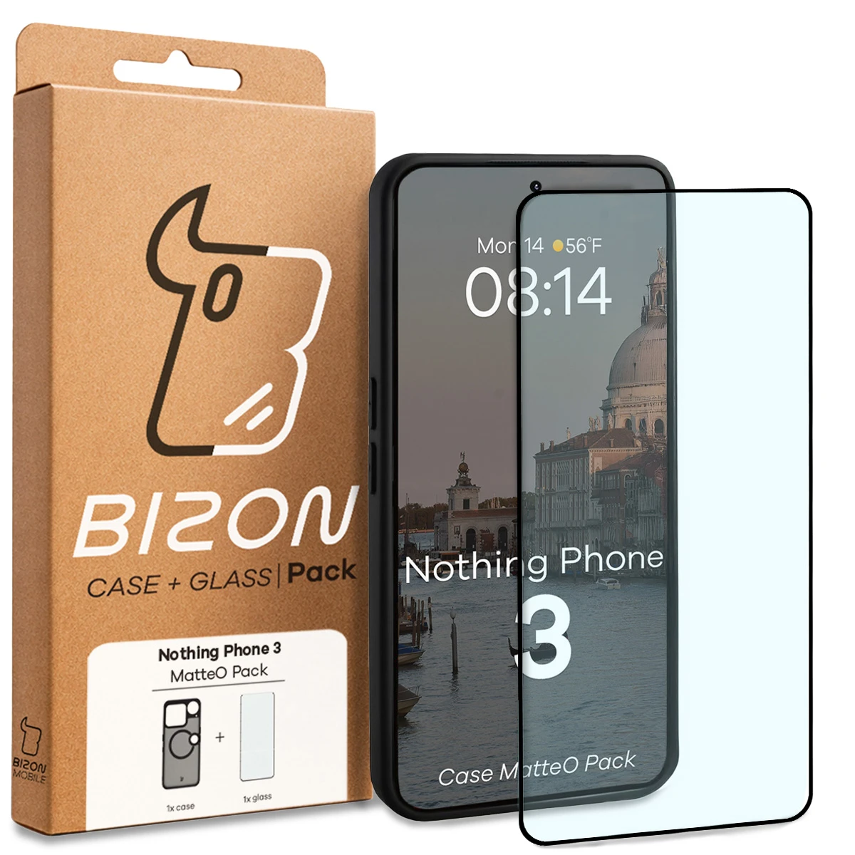 Przód pudełka Bizon Case Matteo Pack z dedykowaną etykietą do Nothing Phone (3)