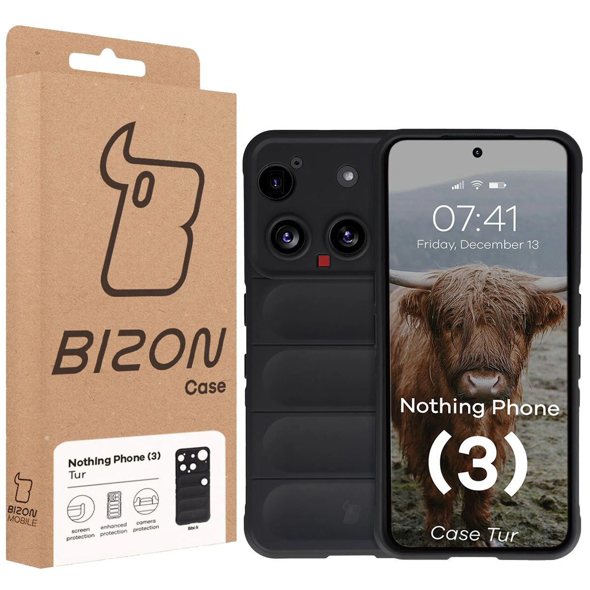 Front of the Bison Case box with a dedicated label for Nothing Phone (3)