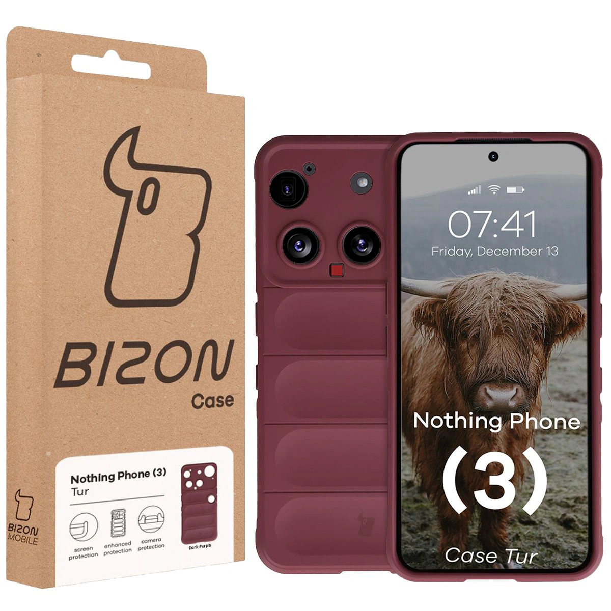 Przód pudełka Bizon Case z dedykowaną etykietą do Nothing Phone (3)