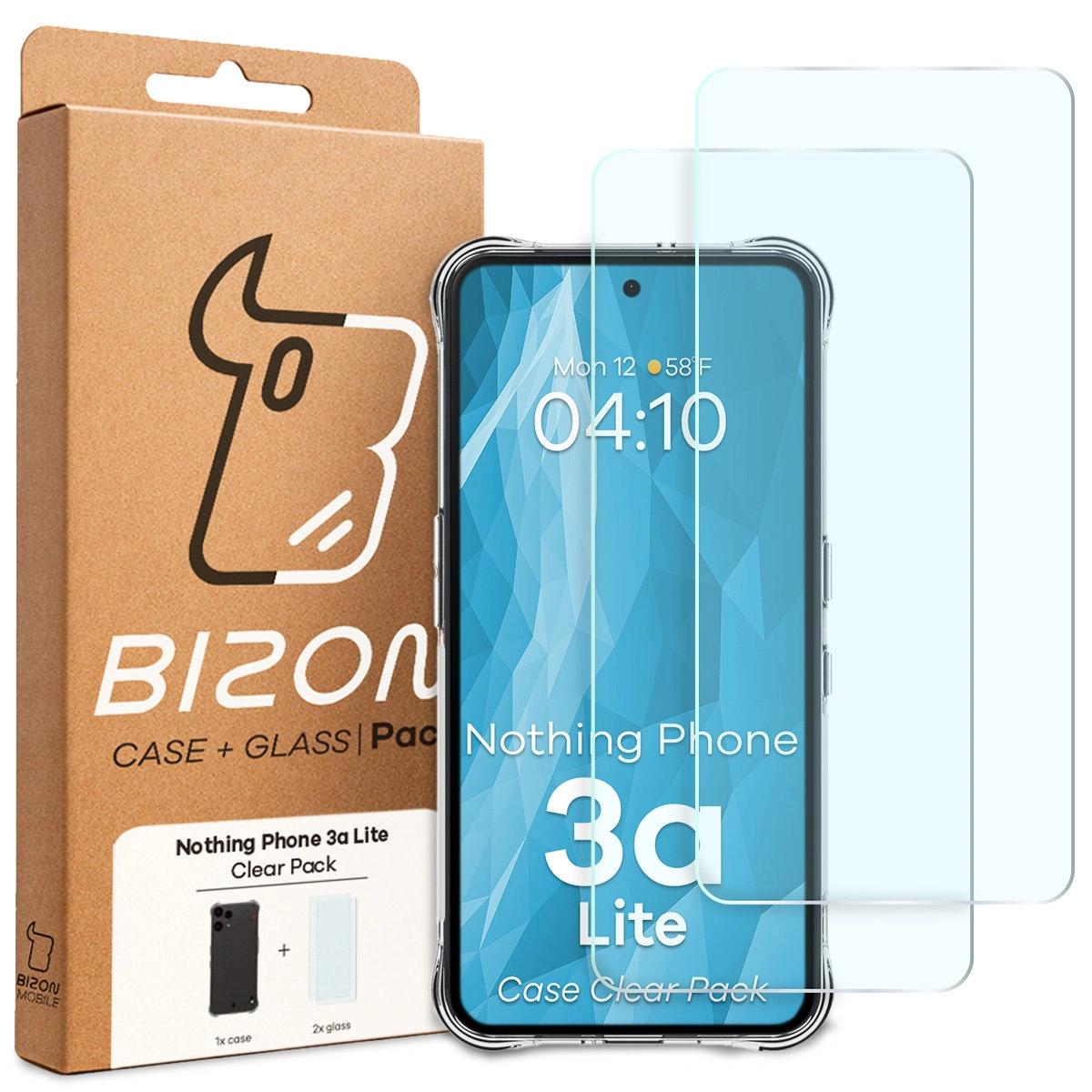 Przód pudełka Bizon Case+Glass z dedykowaną etykietą do Nothing Phone (3a) Lite