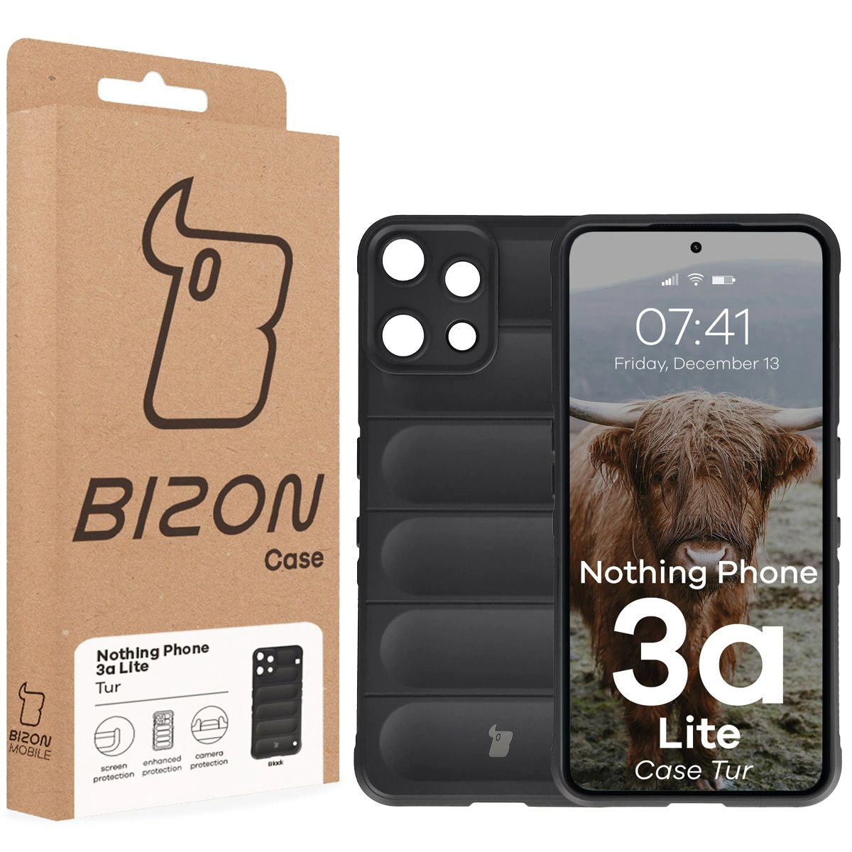 Front of the Bizon Case box with a dedicated label for Nothing Phone (3a) Lite