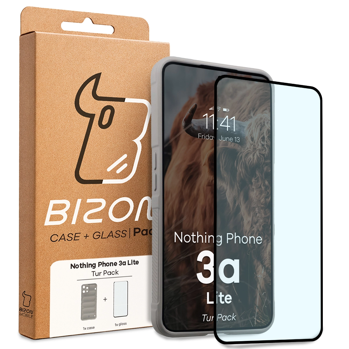 Przód pudełka Bizon Tur Pack z dedykowaną etykietą do Nothing Phone (3a) Lite