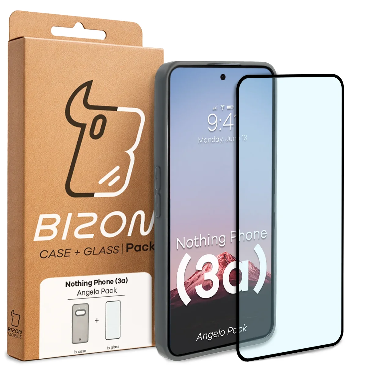 Front of the Bizon Case Angelo Pack box with a dedicated label for Nothing Phone (3a)