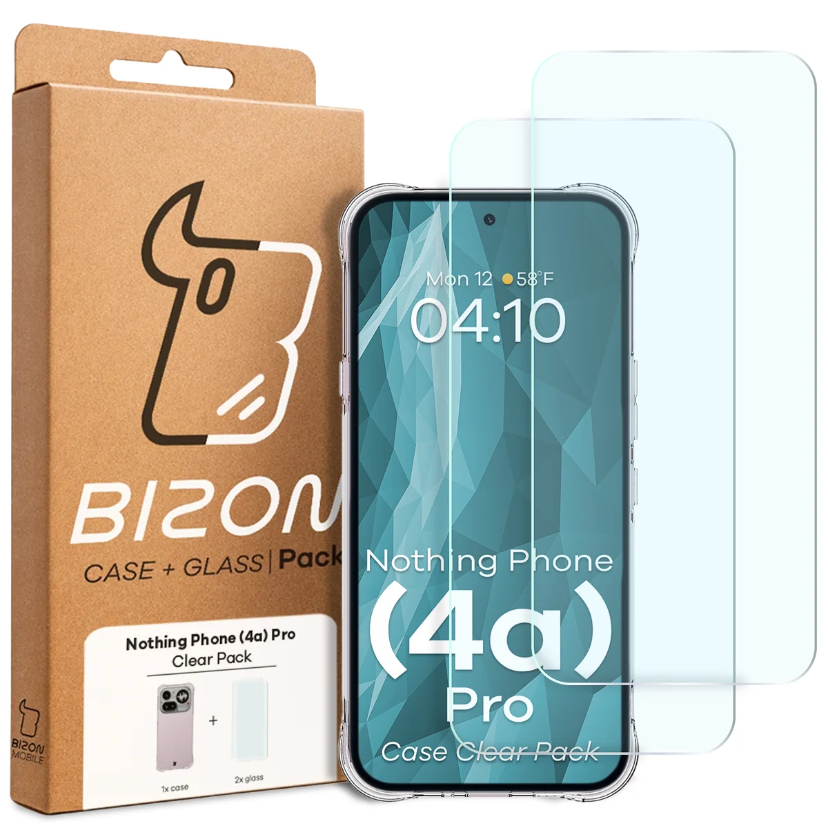 Front of the Bizon Case+Glass box with a dedicated label for Nothing Phone (4a) Pro