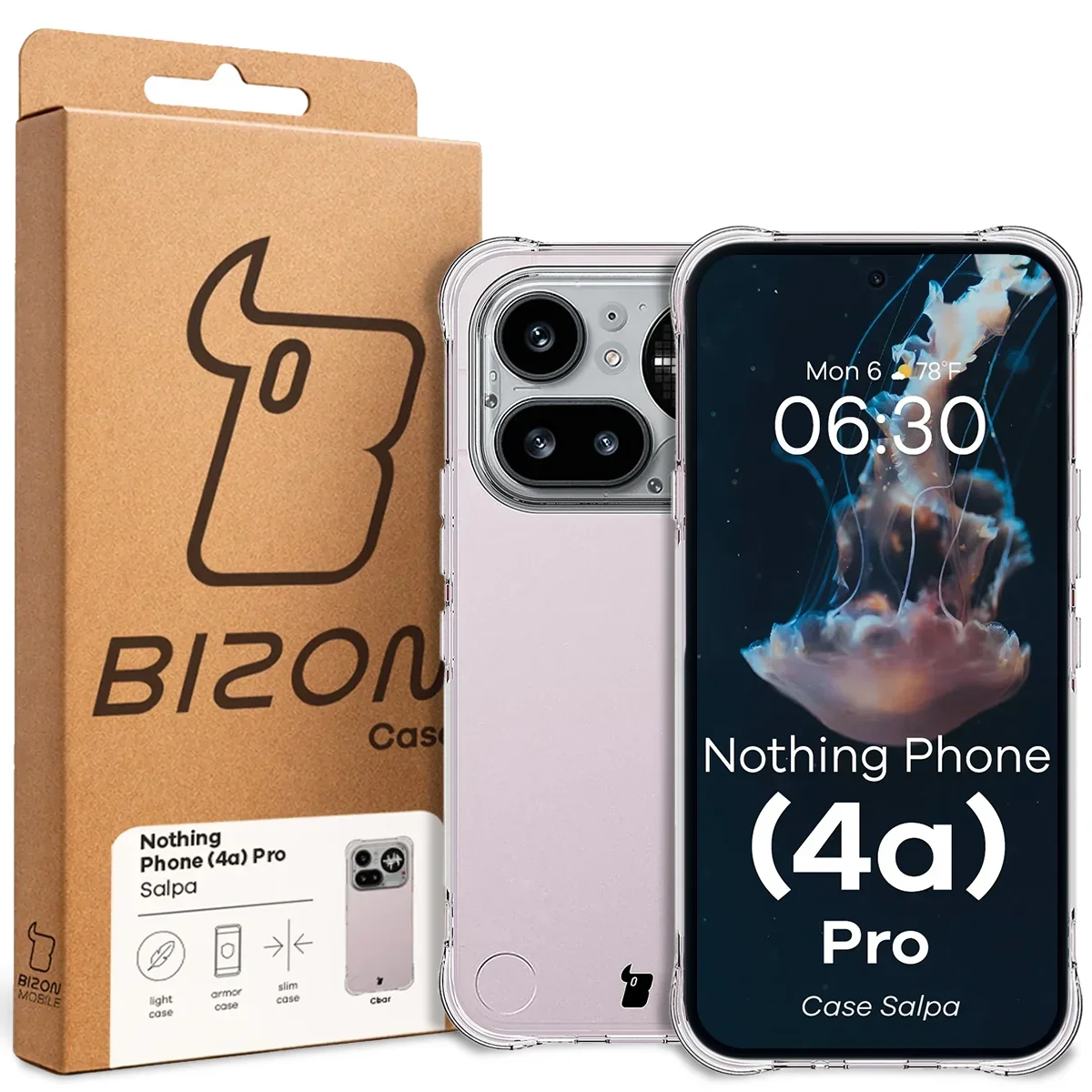 Przód pudełka Bizon Case z dedykowaną etykietą do Nothing Phone (4a) Pro